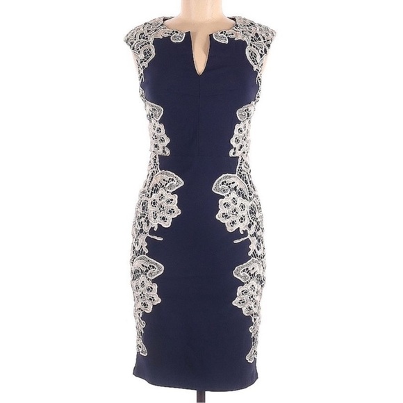London Dress Company Navy Cream Lace Cap Sleeve Bodycon Mini Dress Size 4 - Picture 12 of 16
